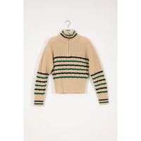 INDEE Off White Zipped Collar Striped Knit Sweater