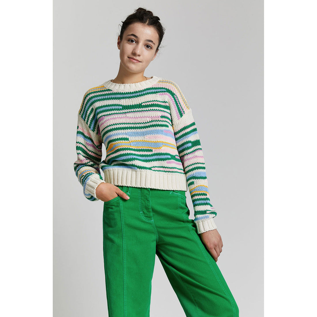 Indee Apple Green Multi Stripe CN Knit Sweater