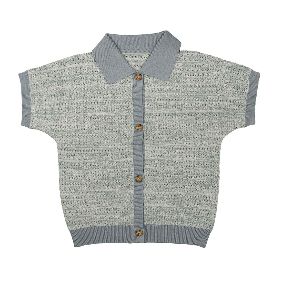 Noma Powder Blue Marled Textured Stripes Button Short Sleeve Knit