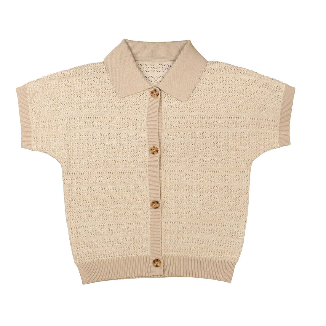 Noma Sand Marled Textured Stripes Button Short Sleeve Knit