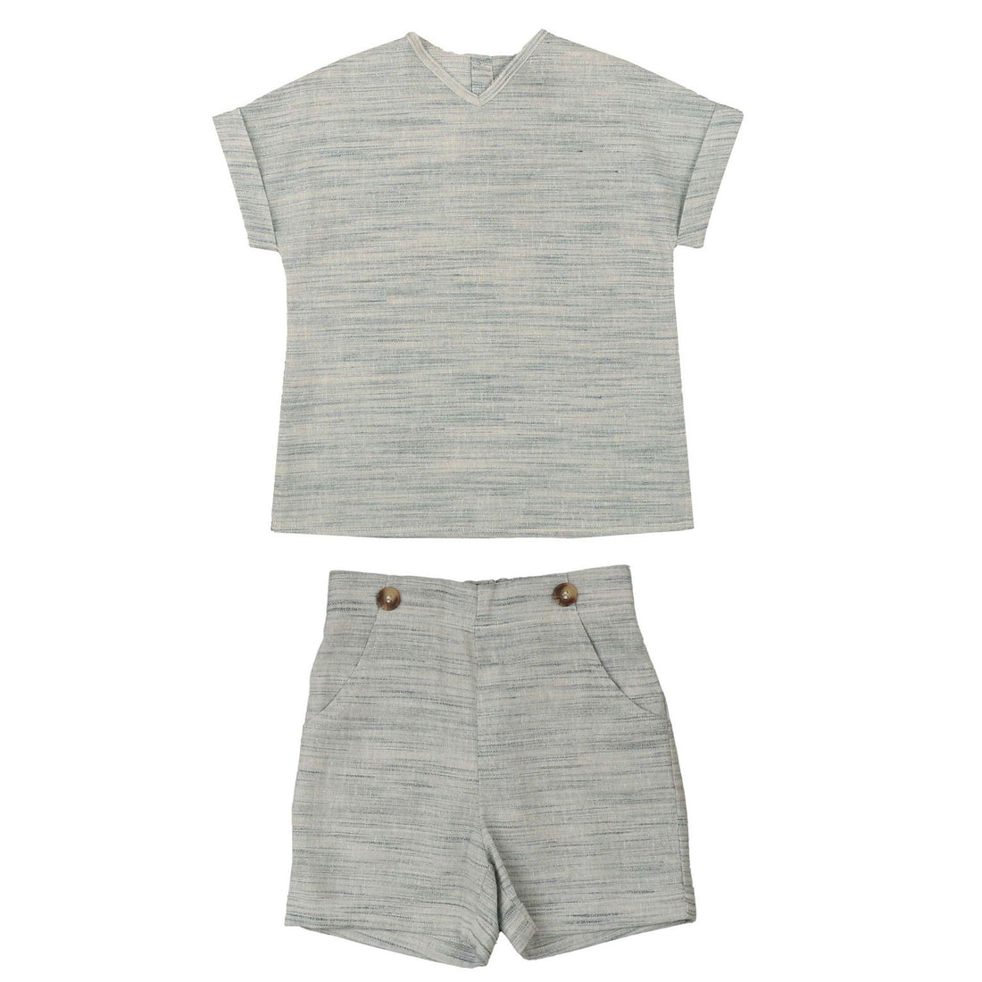 Noma Powder Blue V Neck Distressed Raw Edge Shirt Set