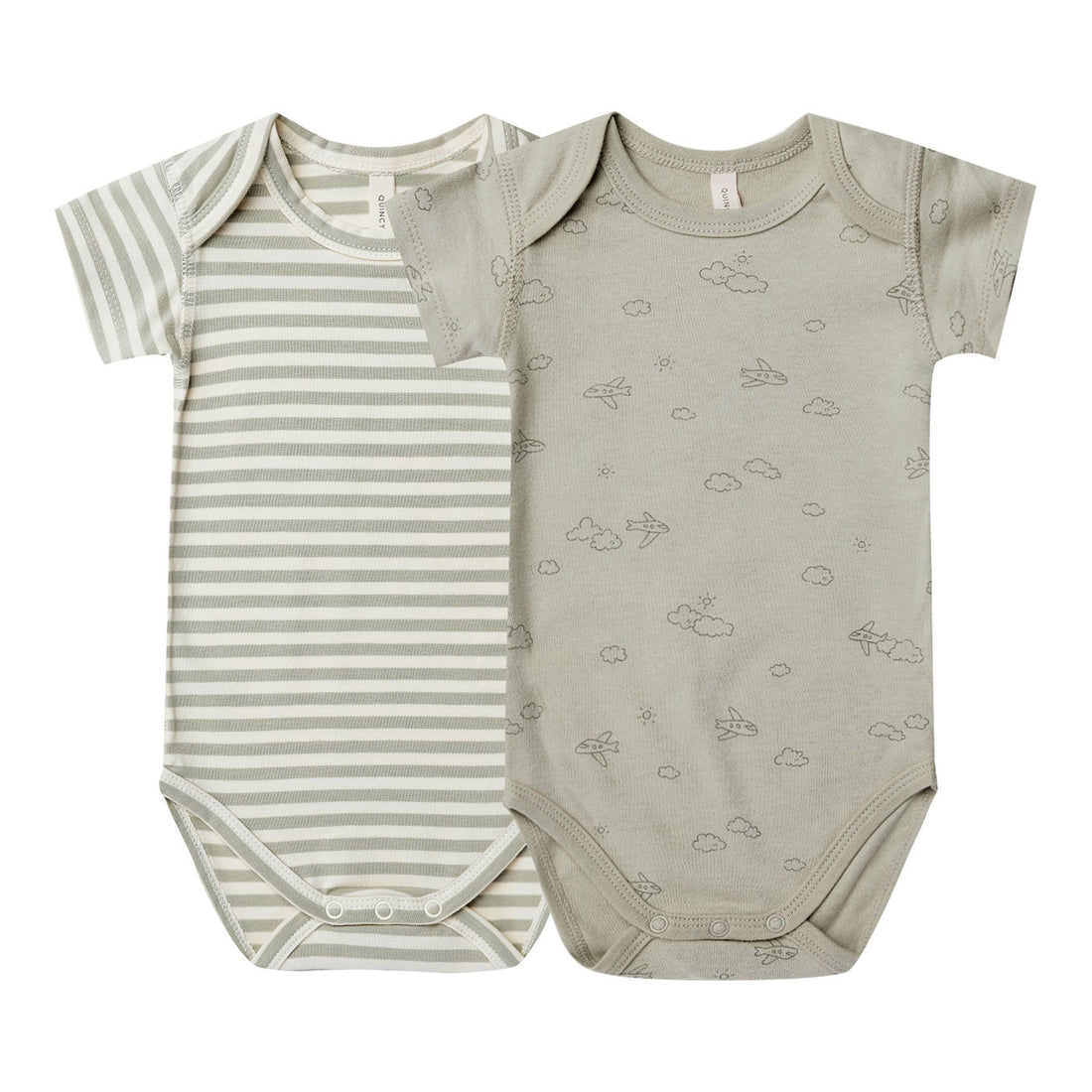 Quincy Mae Short Sleeve Bodysuit, 2 Pack | Pistachio Stripe, Airplanes