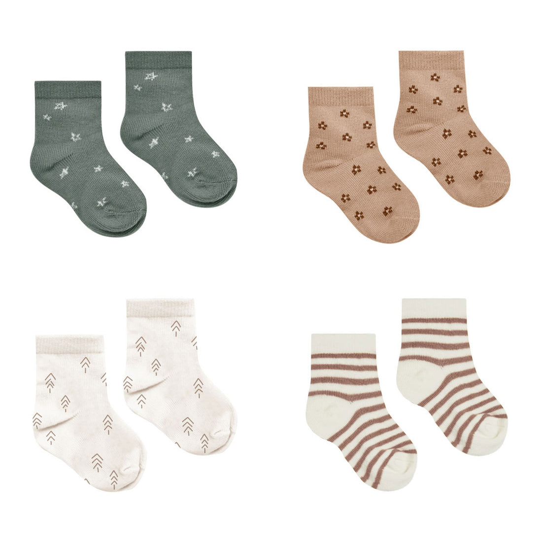 Quincy Mae Printed Socks, Set Of 4 | Cocoa Stripe, Stars, Trees, Ditsy
