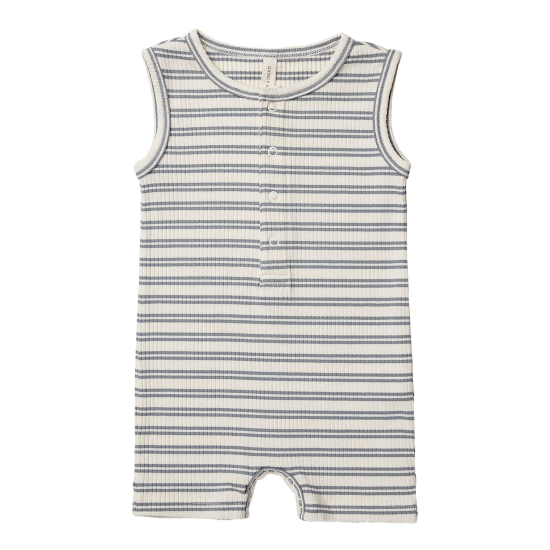 Quincy Mae Ribbed Henley Romper | Ocean Stripe