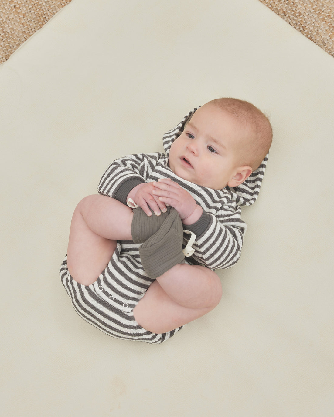 Quincy Mae Waffle Hooded Bubble Romper | Charcoal Stripe