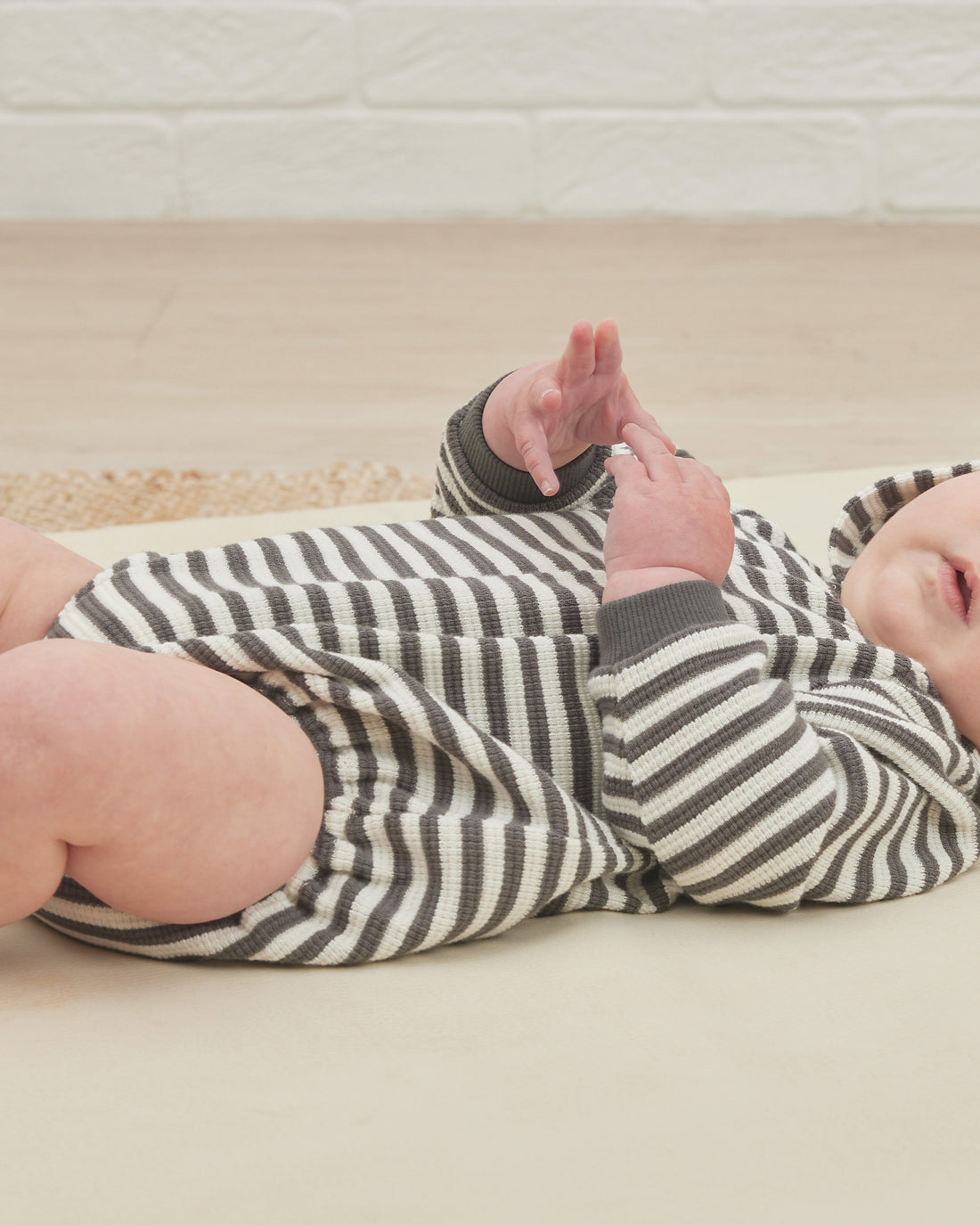 Quincy Mae Waffle Hooded Bubble Romper | Charcoal Stripe