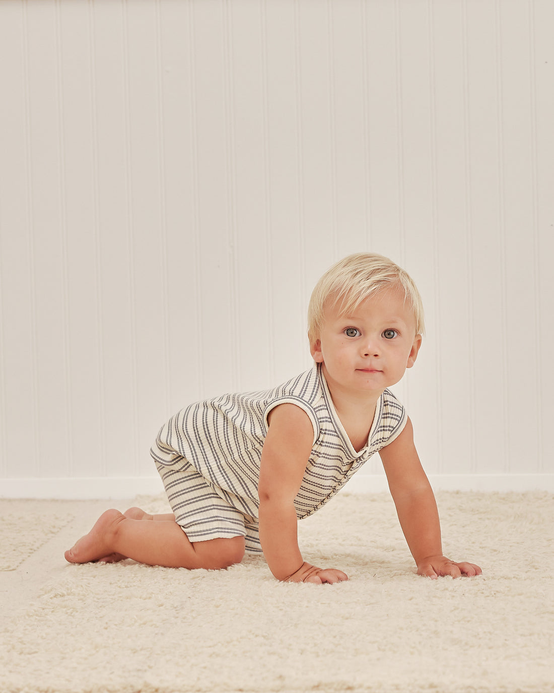 Quincy Mae Ribbed Henley Romper | Ocean Stripe