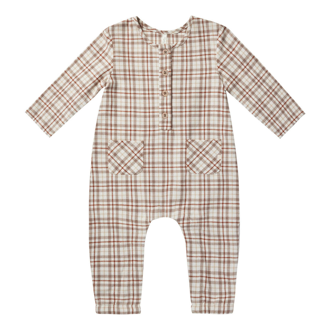 Rylee and Cru Long Sleeve Woven Jumpsuit || Mocha Plaid