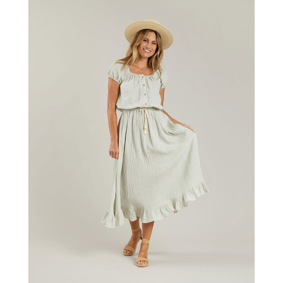 Rylee and Cru Womens Ruffle Midi Skirt || Blue Micro Stripe