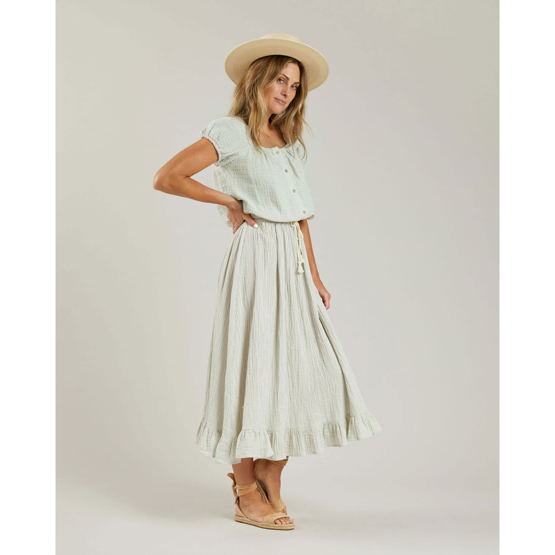 Rylee and Cru Womens Ruffle Midi Skirt || Blue Micro Stripe