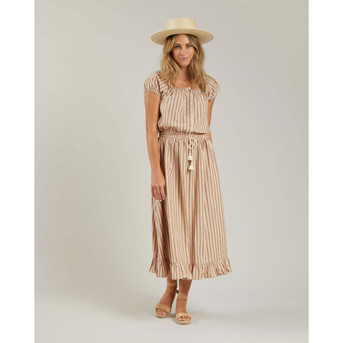 Rylee and Cru Womens Ruffle Midi Skirt || Stone Stripe