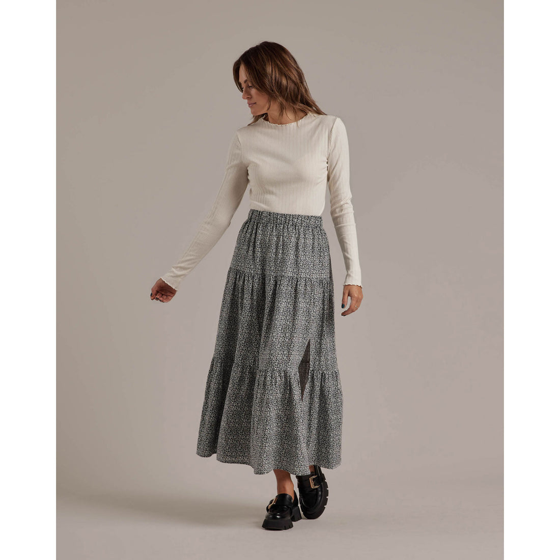 Rylee and Cru Tiered Midi Skirt | Blue Floral