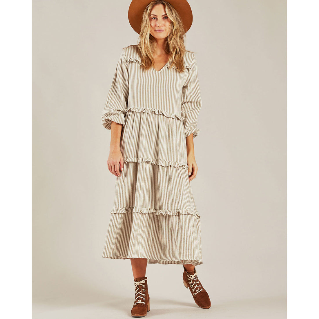 Rylee and Cru Olive-Ivory  Stripe Mabel Womens Dress