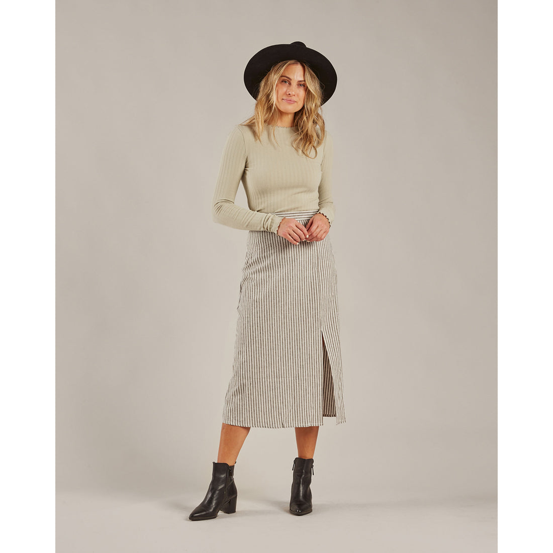 Rylee and Cru Grey Railroad Stripe Slit Midi Front Womens Skirt