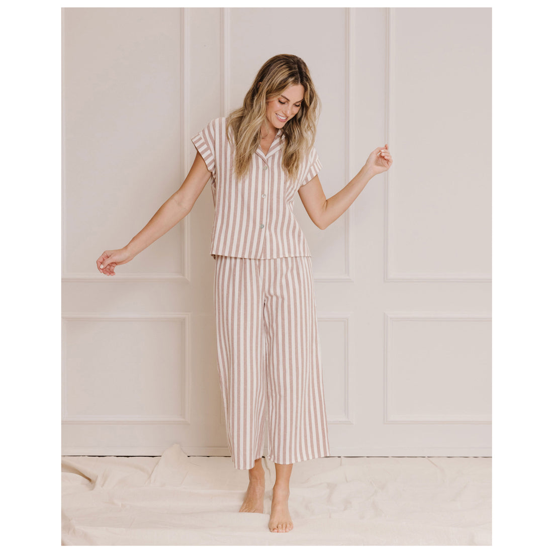 Rylee and Cru Wine Stripes Cropped Womens Pajama Set