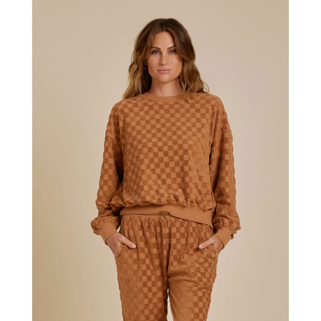 Rylee and Cru Camel Check Relaxed Sweatshirt