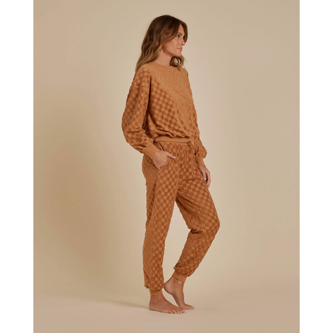Rylee and Cru Camel Check Relaxed Sweatshirt