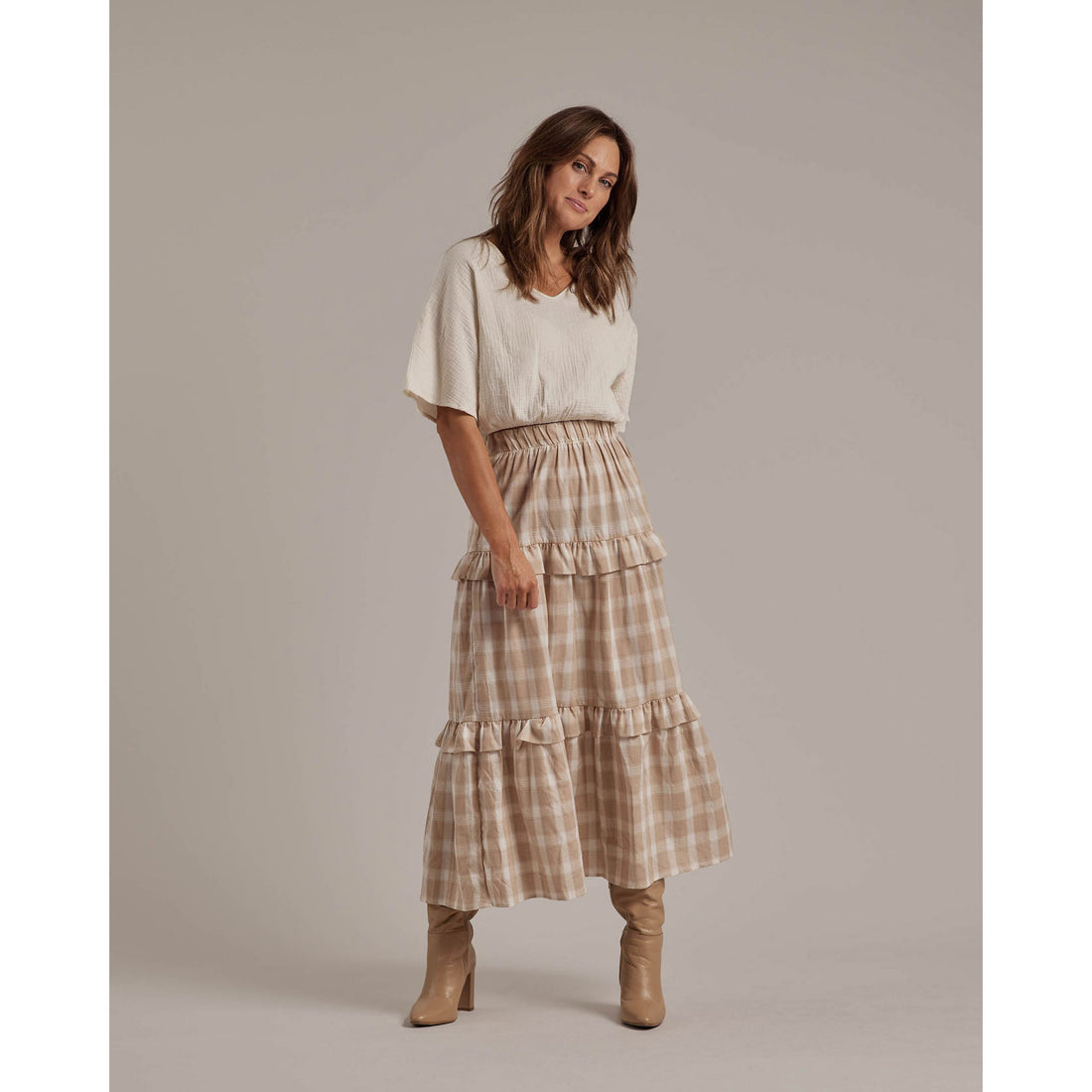Rylee and Cru  Ruffle Midi Womens Skirt|Putty Plaid