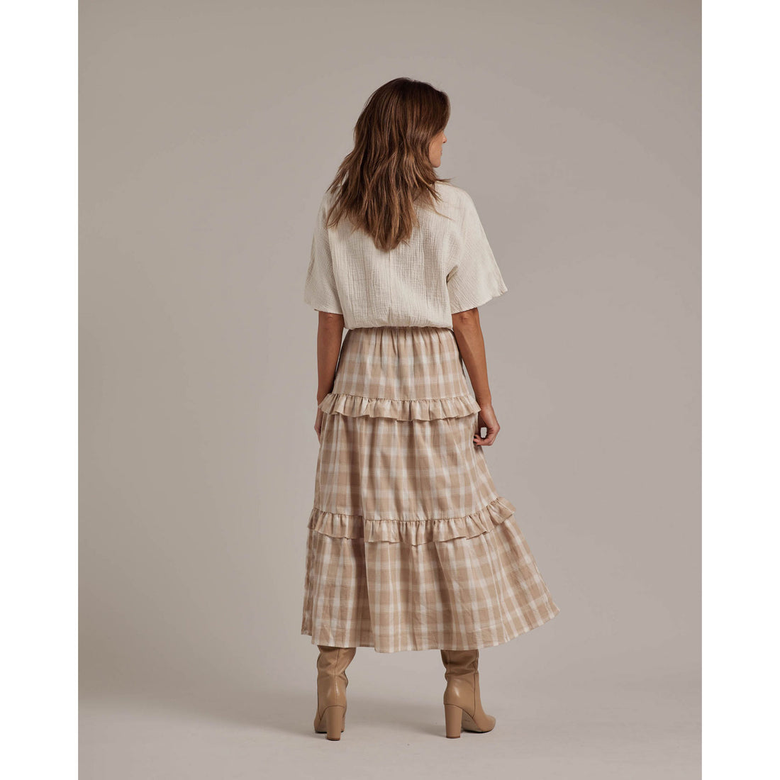 Rylee and Cru  Ruffle Midi Womens Skirt|Putty Plaid