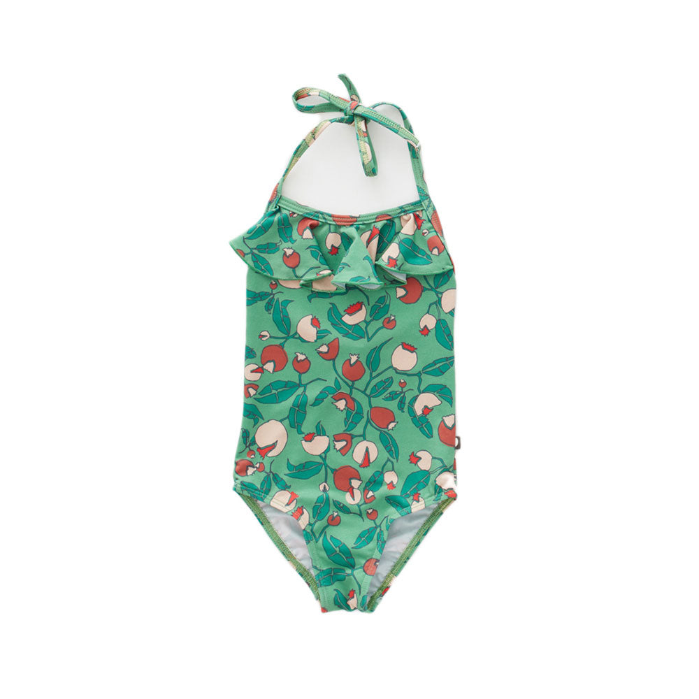 Oeuf Green Flowers Ruffle Halter Swimsuit