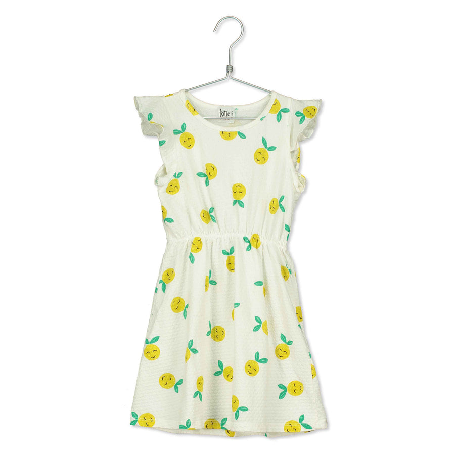 LotieKids Off White Grapefruits Ruffle Sleeve Jacquard Dress