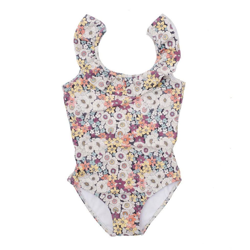 Tocoto Vintage Pink Fluor Flower Print Swimsuit With Ruffles