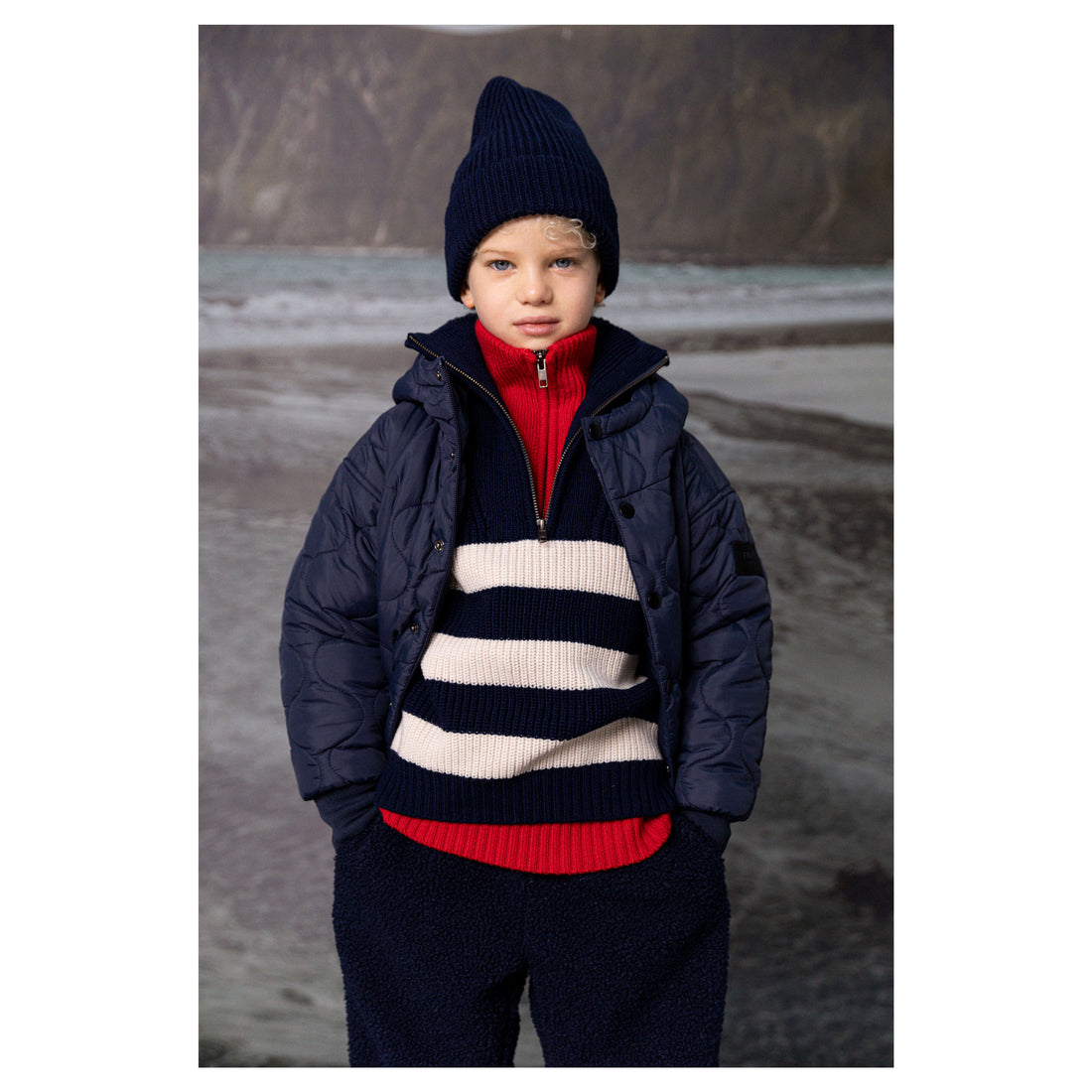 Finger in the Nose Sasha Navy/Ecru Stripes Half Zipped Jumper