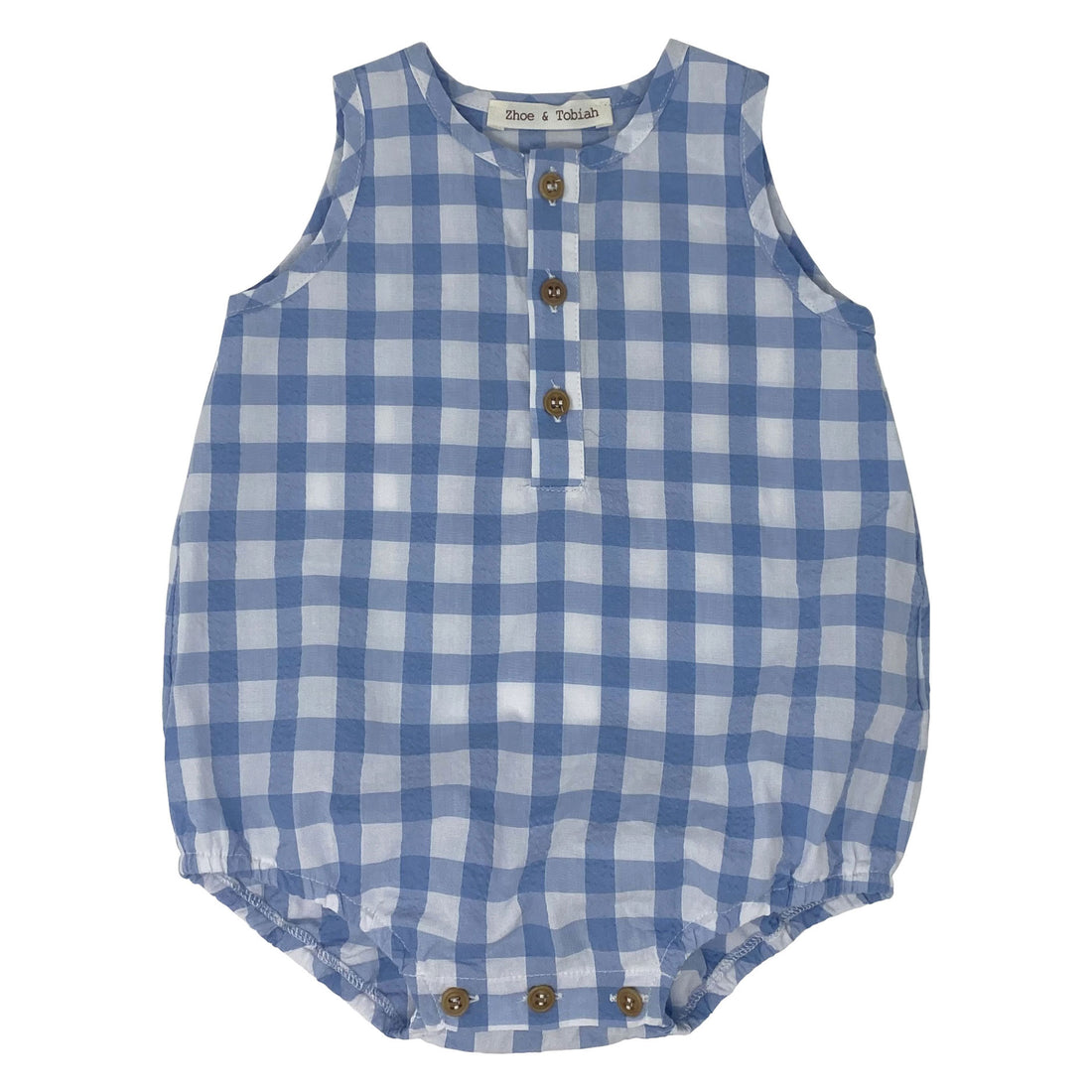 Zhoe and Tobiah Light Blue Seersucker Plaid Romper