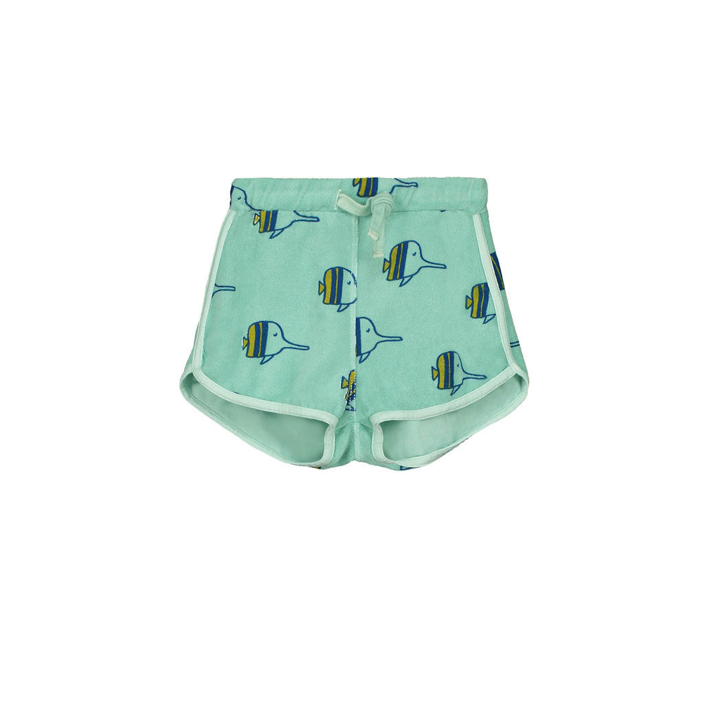 Bonmot Dusty Aqua Allover Fishes Terry Shorts