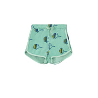 Bonmot Dusty Aqua Allover Fishes Terry Shorts