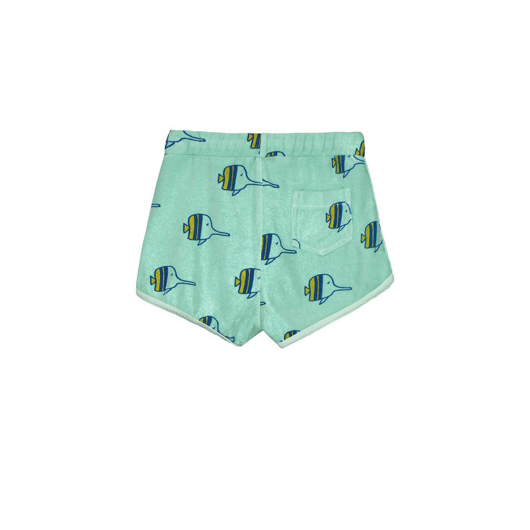 Bonmot Dusty Aqua Allover Fishes Terry Shorts