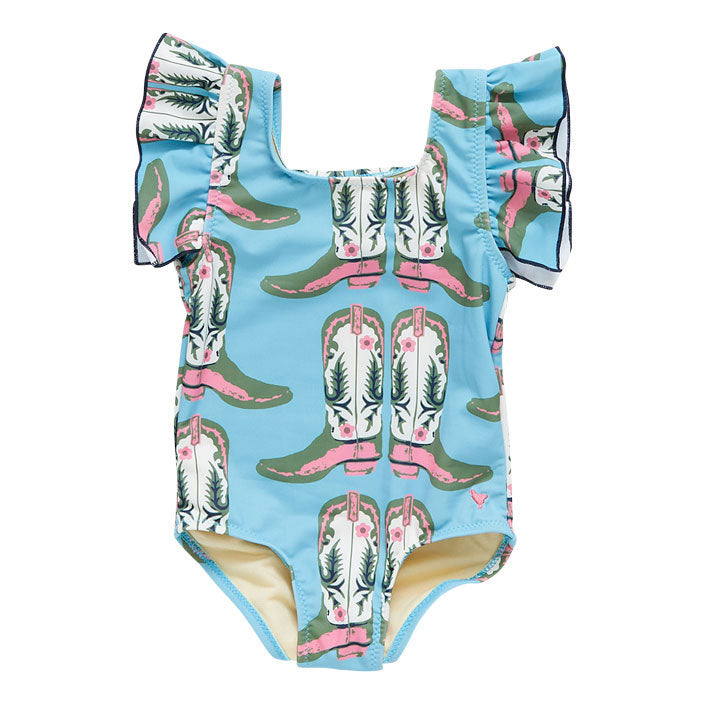 Pink Chicken Elsie Suit - Aqua Cowboy Boots