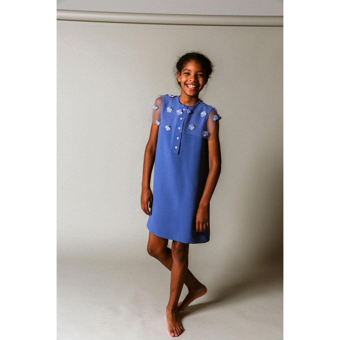 Lemoniez Zafire Blue Crepe Sleeveless Tulle Collar Blossoming Dress