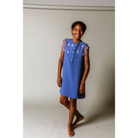 Lemoniez Zafire Blue Crepe Sleeveless Tulle Collar Blossoming Dress