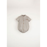 Popelin Gingham Romper With Mandarin Collar