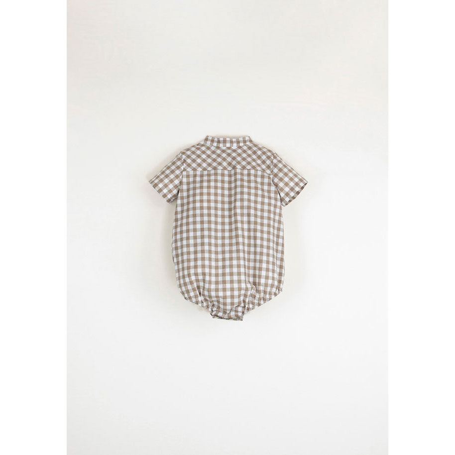 Popelin Gingham Romper With Mandarin Collar