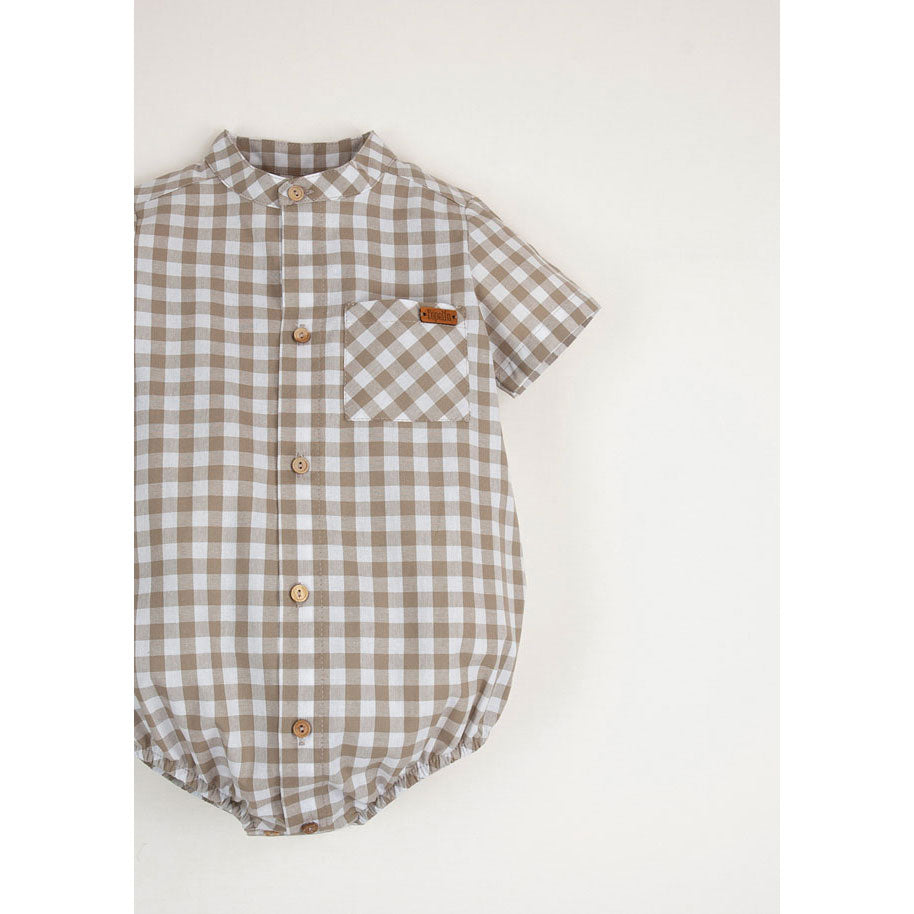 Popelin Gingham Romper With Mandarin Collar