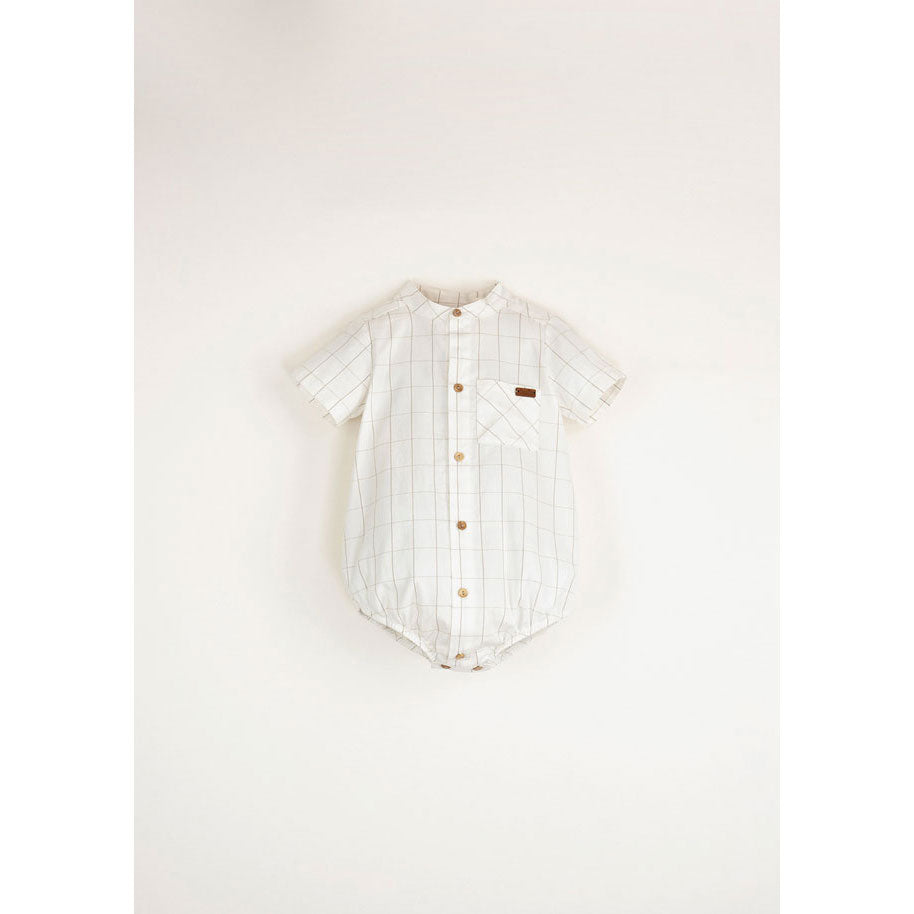 Popelin White Plaid Romper With Mandarin Collar