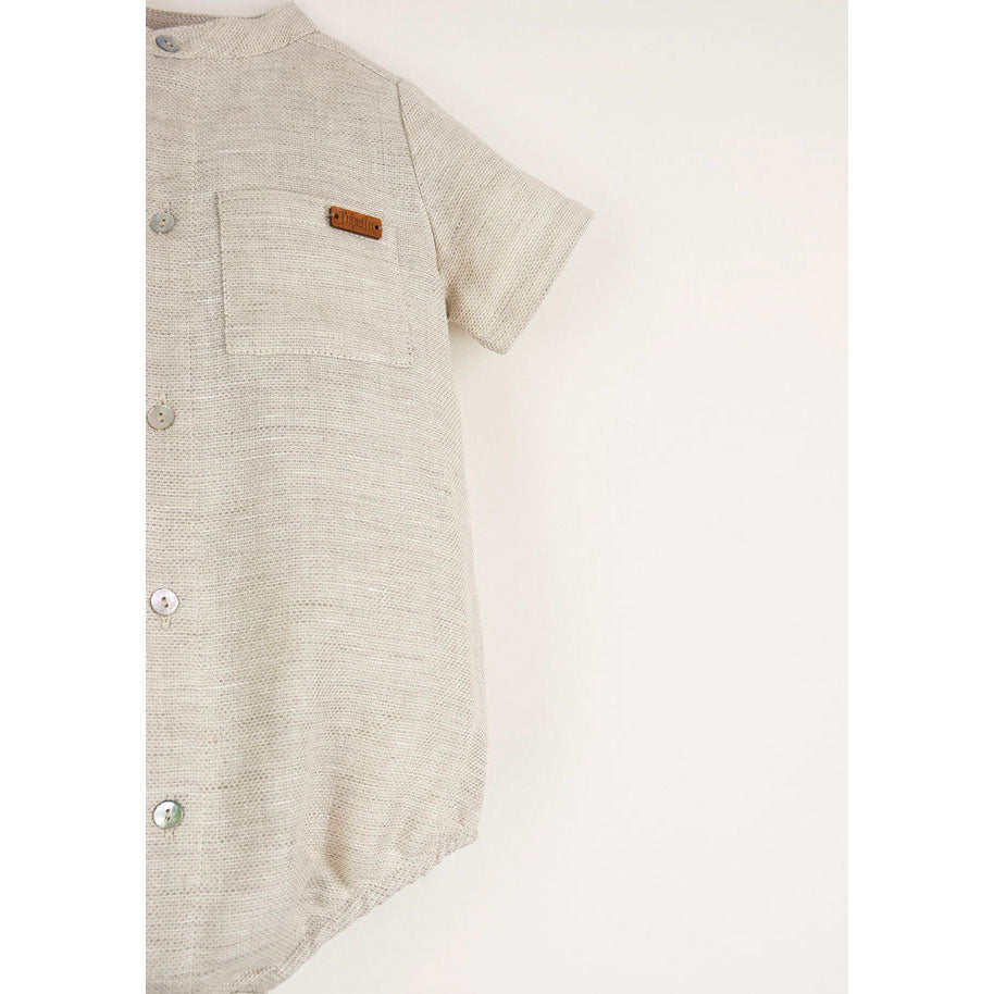 Popelin Neutral Color Romper With Mandarin Collar