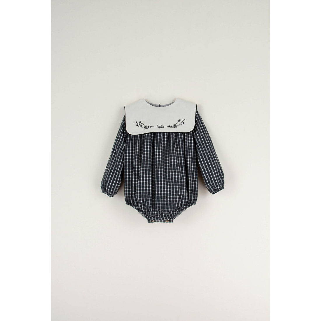 Popelin Black Plaid Embroidered Yoke Romper