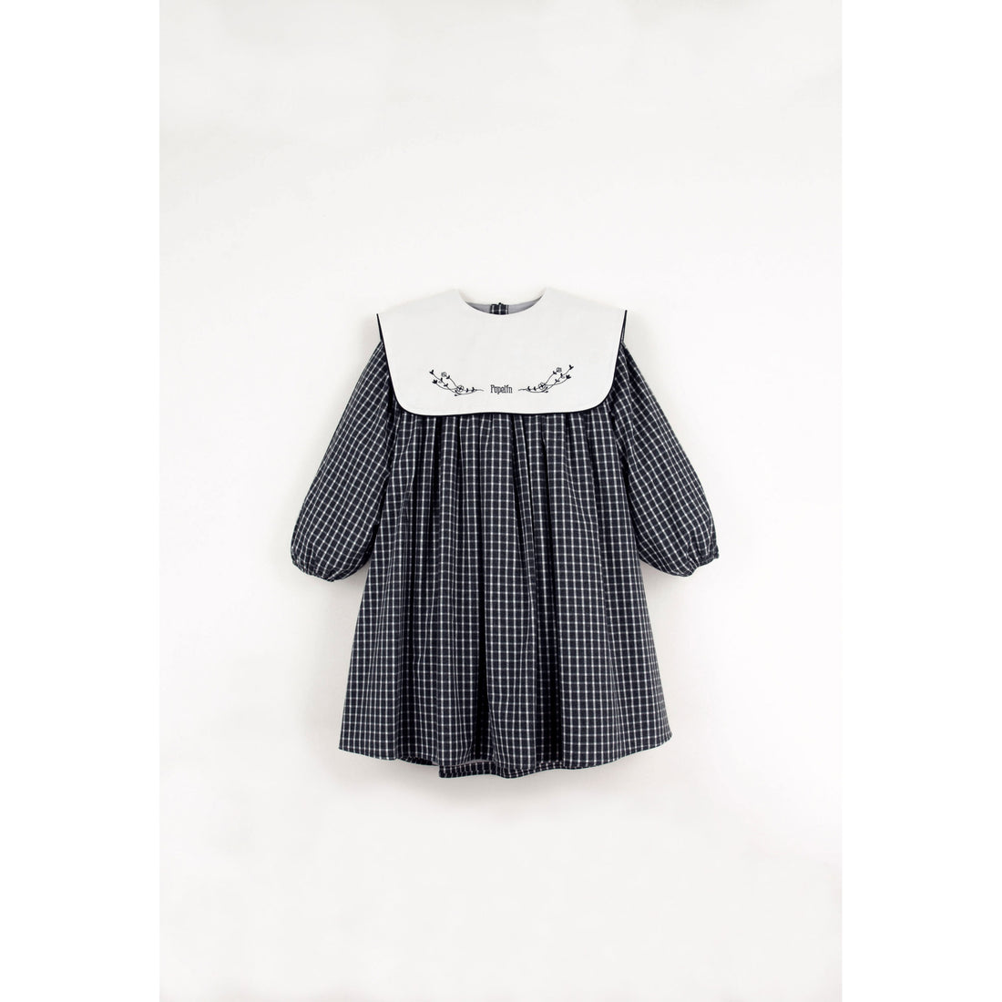Popelin Black Plaid Embroidered Yoke Dress
