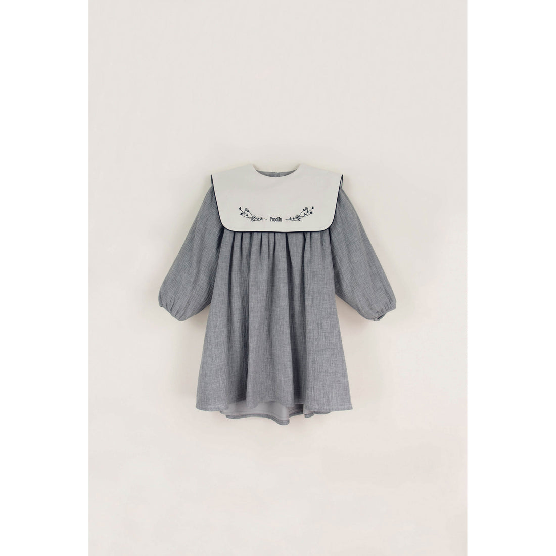Popelin Light Grey Embroidered Yoke Dress