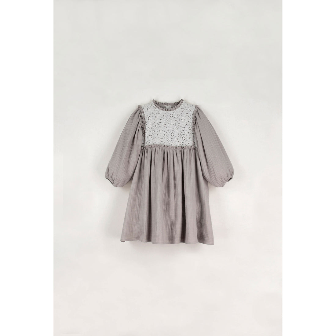 Popelin Taupe Swiss Embroidery Yoke Dress