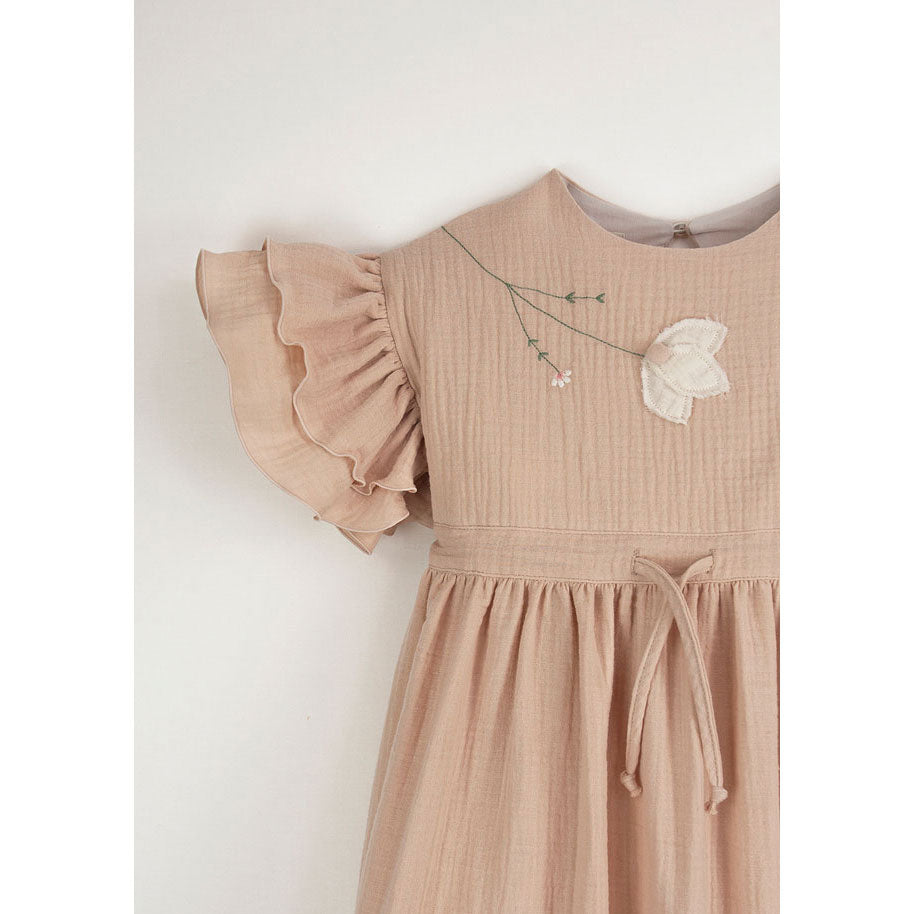 Popelin Pink Dress With Embroidered Yoke And Applique