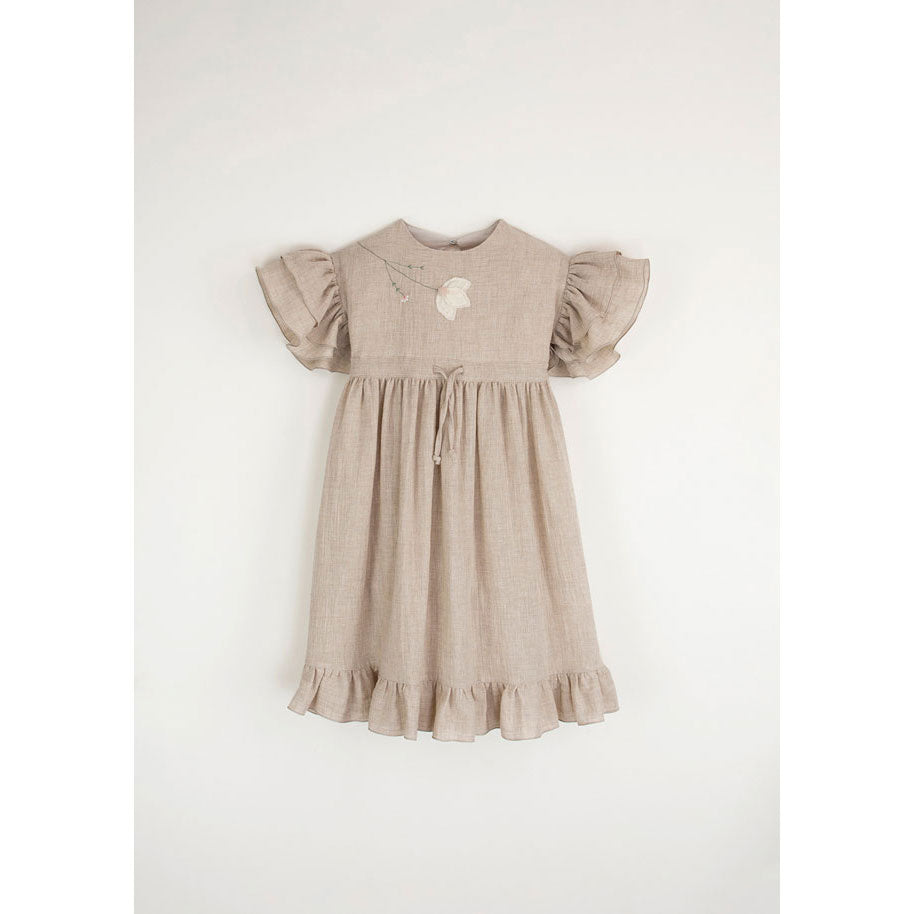 Popelin Sand Dress With Embroidered Yoke And Applique