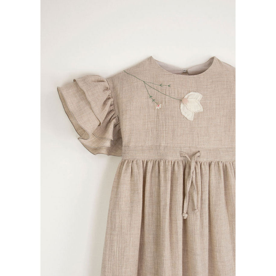 Popelin Sand Dress With Embroidered Yoke And Applique