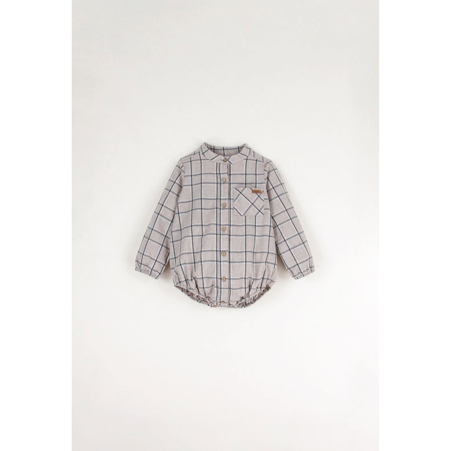 Popelin Taupe Plaid Shirt Style Romper