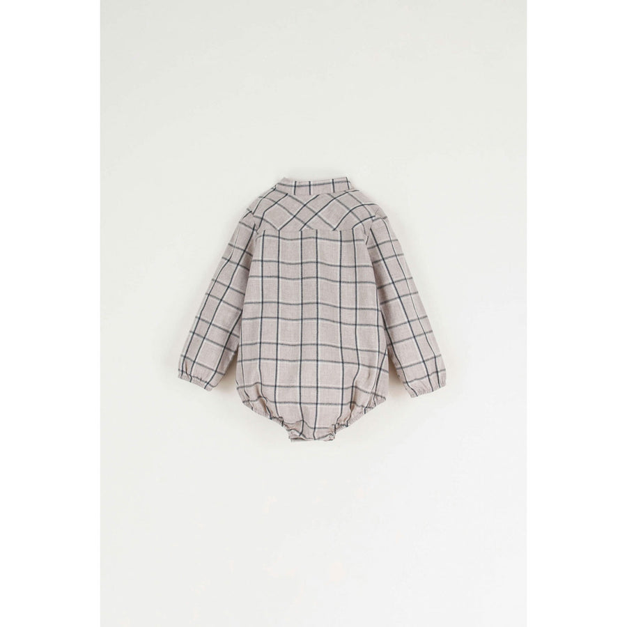 Popelin Taupe Plaid Shirt Style Romper