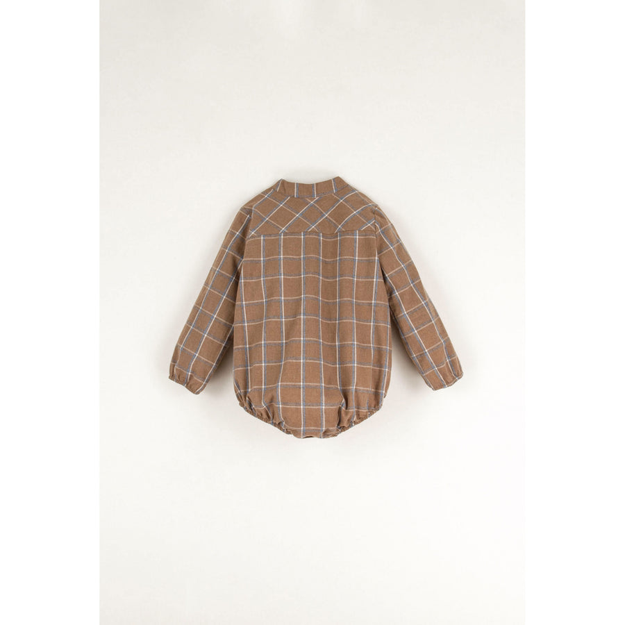 Popelin Terracotta Plaid Shirt Style Romper