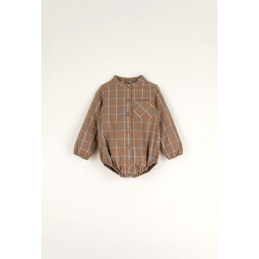Popelin Terracotta Plaid Shirt Style Romper